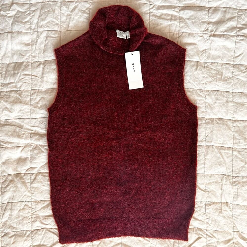NWT DKNY Mohair Wool Burgundy Red Roll Neck Turtleneck Sweater Vest -Small
